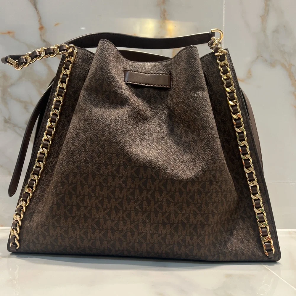 Michael Kors Brown Monogram Drawstring Shoulder Bag with Gold Chain